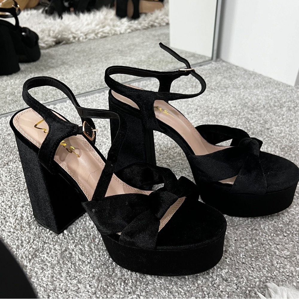 Black suede block heels